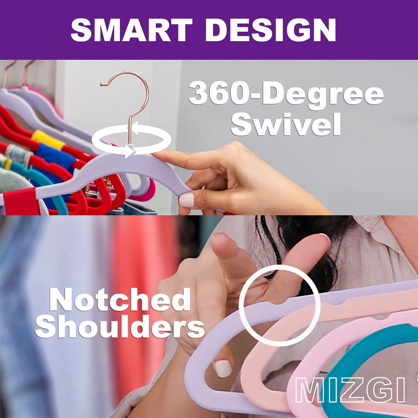 Mizgi Premium Velvet Hangers (50 Pack) Heavy Duty - Non Slip Felt Hangers - White Velvet Suit Hangers - Black Coated Hooks,Space